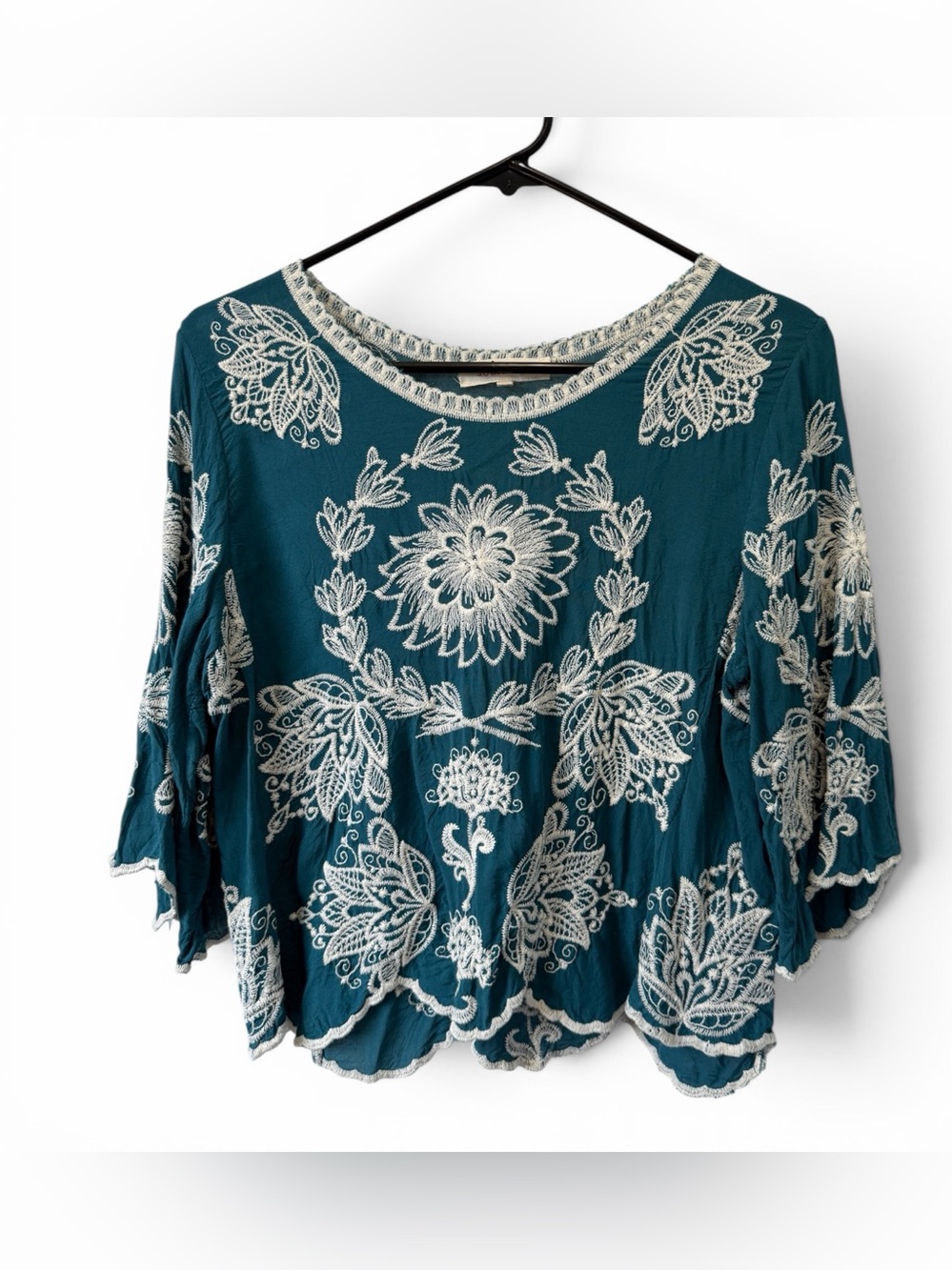 Solitaire‎ Anthropologie Boho Teal Embroidered 3/4 Sleeves Size Medium